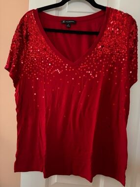 INC International Concepts Red Sequin V-Neck Short Sleeve Top